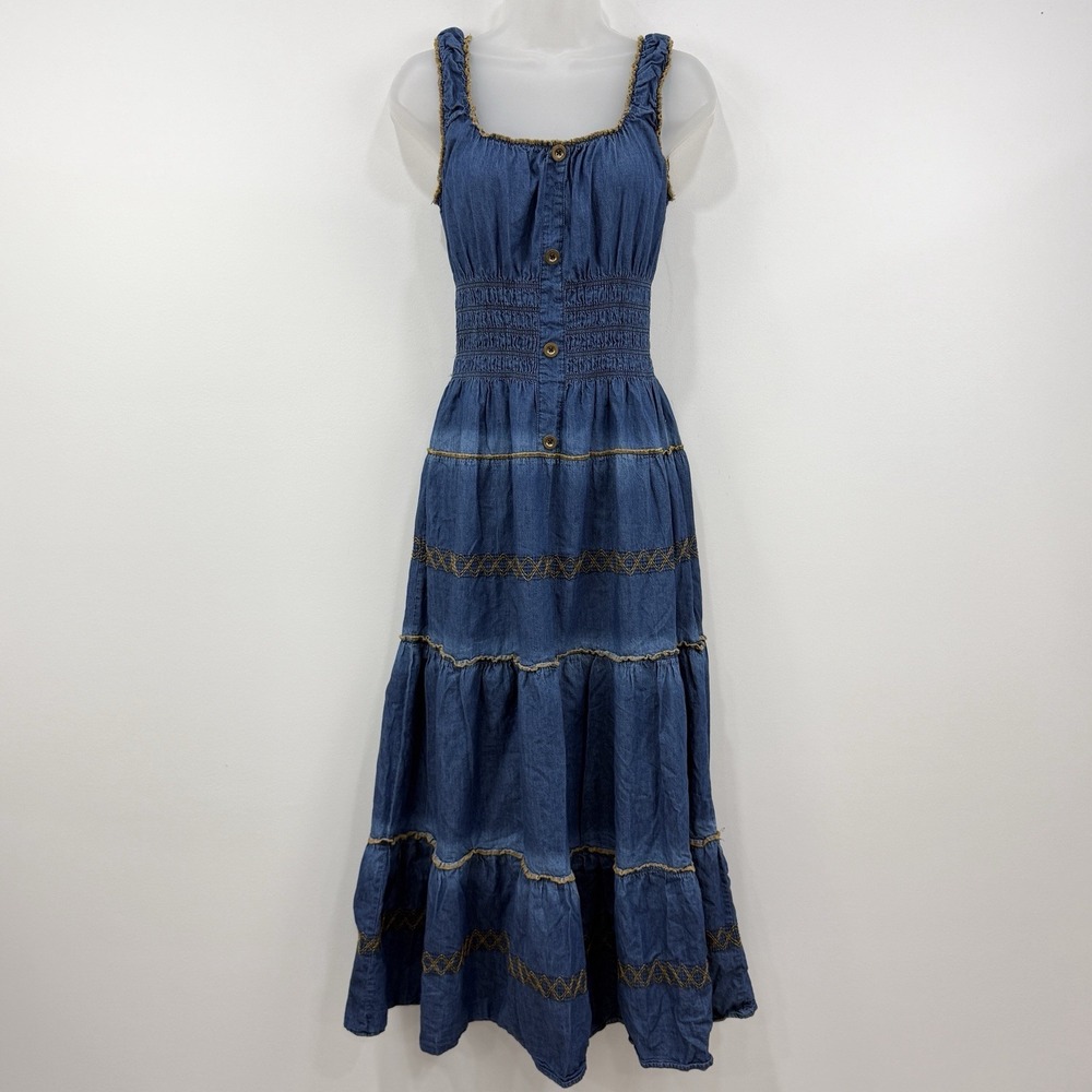 Lapis Anthropologie Denim Dress M Milkmaid Country Cowgirl Tiered Cottagecore